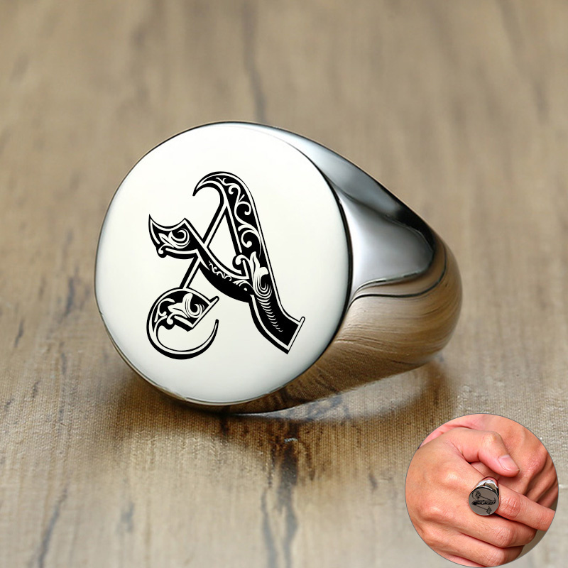 Mens Signet Ring - Мужское кольцо с гравировкой букв Vnox,